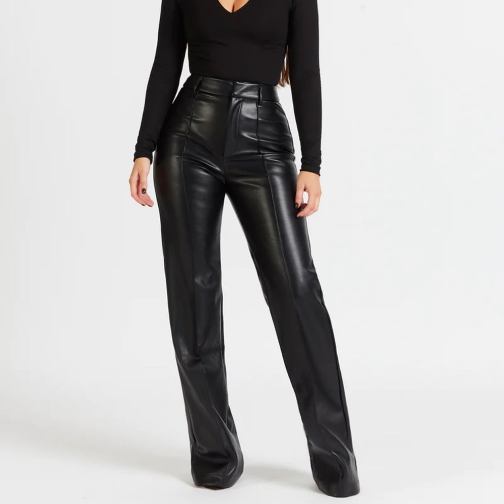 Black vegan leather trousers with light fleece lining.